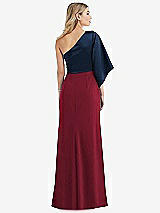 Rear View Thumbnail - Burgundy & Midnight Navy One-Shoulder Bell Sleeve Trumpet Gown