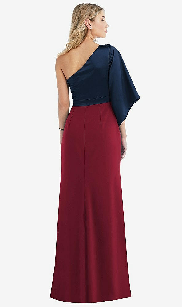 Back View - Burgundy & Midnight Navy One-Shoulder Bell Sleeve Trumpet Gown