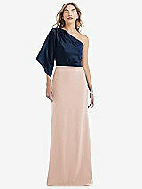 Front View Thumbnail - Cameo & Midnight Navy One-Shoulder Bell Sleeve Trumpet Gown