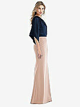 Side View Thumbnail - Cameo & Midnight Navy One-Shoulder Bell Sleeve Trumpet Gown