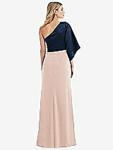 Rear View Thumbnail - Cameo & Midnight Navy One-Shoulder Bell Sleeve Trumpet Gown
