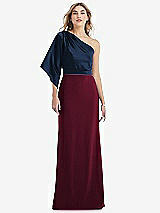 Front View Thumbnail - Cabernet & Midnight Navy One-Shoulder Bell Sleeve Trumpet Gown