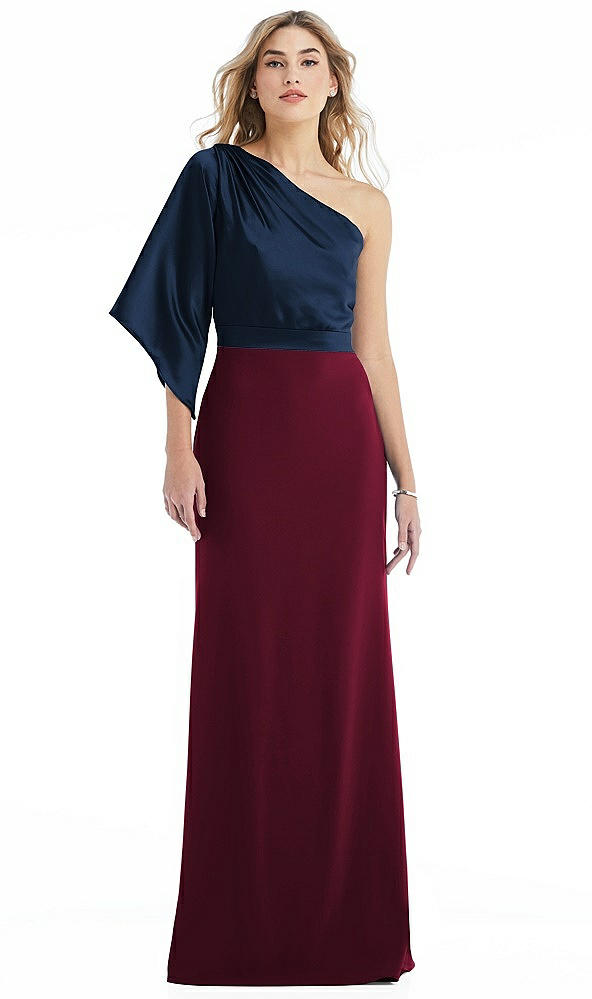 Front View - Cabernet & Midnight Navy One-Shoulder Bell Sleeve Trumpet Gown