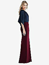 Side View Thumbnail - Cabernet & Midnight Navy One-Shoulder Bell Sleeve Trumpet Gown