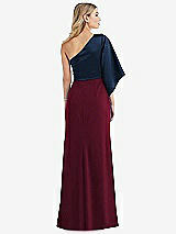 Rear View Thumbnail - Cabernet & Midnight Navy One-Shoulder Bell Sleeve Trumpet Gown