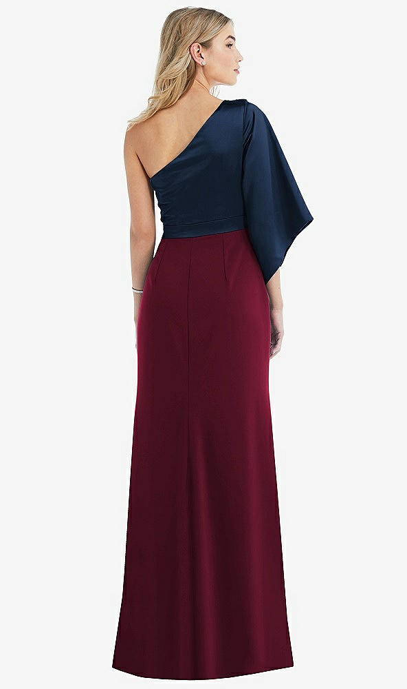Back View - Cabernet & Midnight Navy One-Shoulder Bell Sleeve Trumpet Gown