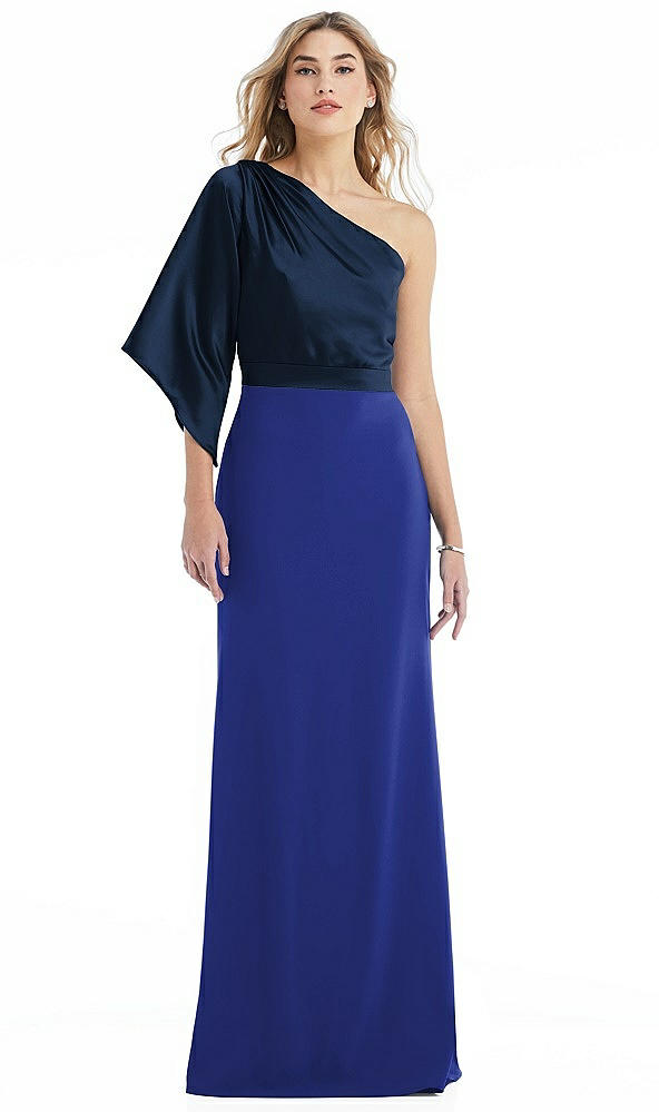 Front View - Cobalt Blue & Midnight Navy One-Shoulder Bell Sleeve Trumpet Gown