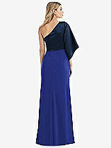 Rear View Thumbnail - Cobalt Blue & Midnight Navy One-Shoulder Bell Sleeve Trumpet Gown