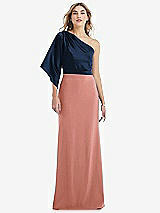 Front View Thumbnail - Desert Rose & Midnight Navy One-Shoulder Bell Sleeve Trumpet Gown