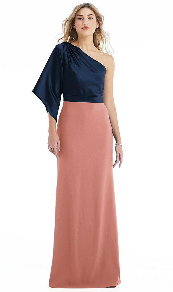 Front View - Desert Rose & Midnight Navy One-Shoulder Bell Sleeve Trumpet Gown