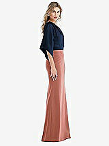 Side View Thumbnail - Desert Rose & Midnight Navy One-Shoulder Bell Sleeve Trumpet Gown