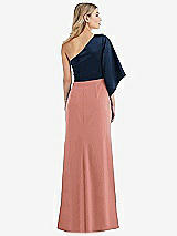 Rear View Thumbnail - Desert Rose & Midnight Navy One-Shoulder Bell Sleeve Trumpet Gown