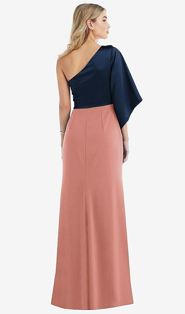 Back View - Desert Rose & Midnight Navy One-Shoulder Bell Sleeve Trumpet Gown
