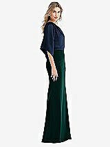 Side View Thumbnail - Evergreen & Midnight Navy One-Shoulder Bell Sleeve Trumpet Gown
