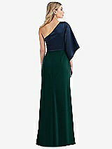 Rear View Thumbnail - Evergreen & Midnight Navy One-Shoulder Bell Sleeve Trumpet Gown