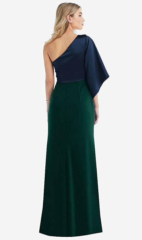 Back View - Evergreen & Midnight Navy One-Shoulder Bell Sleeve Trumpet Gown