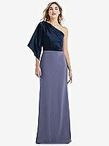 Front View Thumbnail - French Blue & Midnight Navy One-Shoulder Bell Sleeve Trumpet Gown