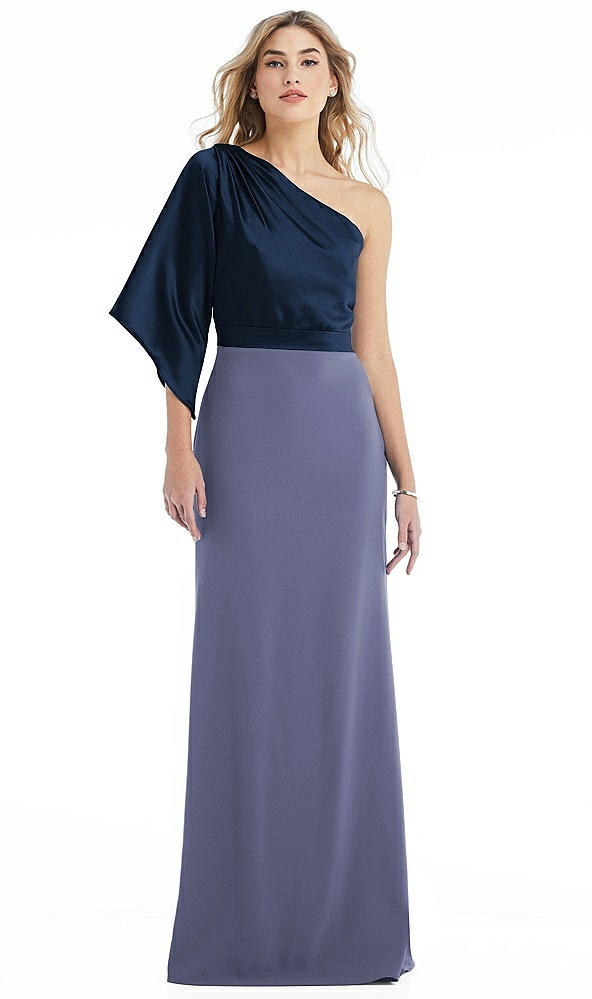 Front View - French Blue & Midnight Navy One-Shoulder Bell Sleeve Trumpet Gown