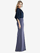 Side View Thumbnail - French Blue & Midnight Navy One-Shoulder Bell Sleeve Trumpet Gown