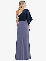 Rear View Thumbnail - French Blue & Midnight Navy One-Shoulder Bell Sleeve Trumpet Gown
