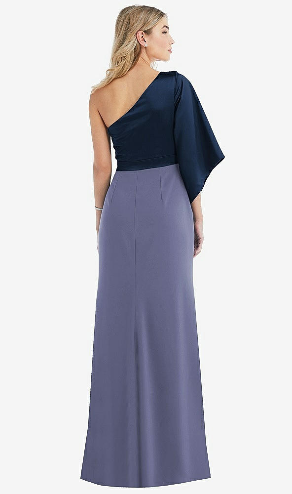 Back View - French Blue & Midnight Navy One-Shoulder Bell Sleeve Trumpet Gown