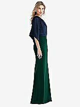 Side View Thumbnail - Hunter Green & Midnight Navy One-Shoulder Bell Sleeve Trumpet Gown