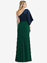 Rear View Thumbnail - Hunter Green & Midnight Navy One-Shoulder Bell Sleeve Trumpet Gown