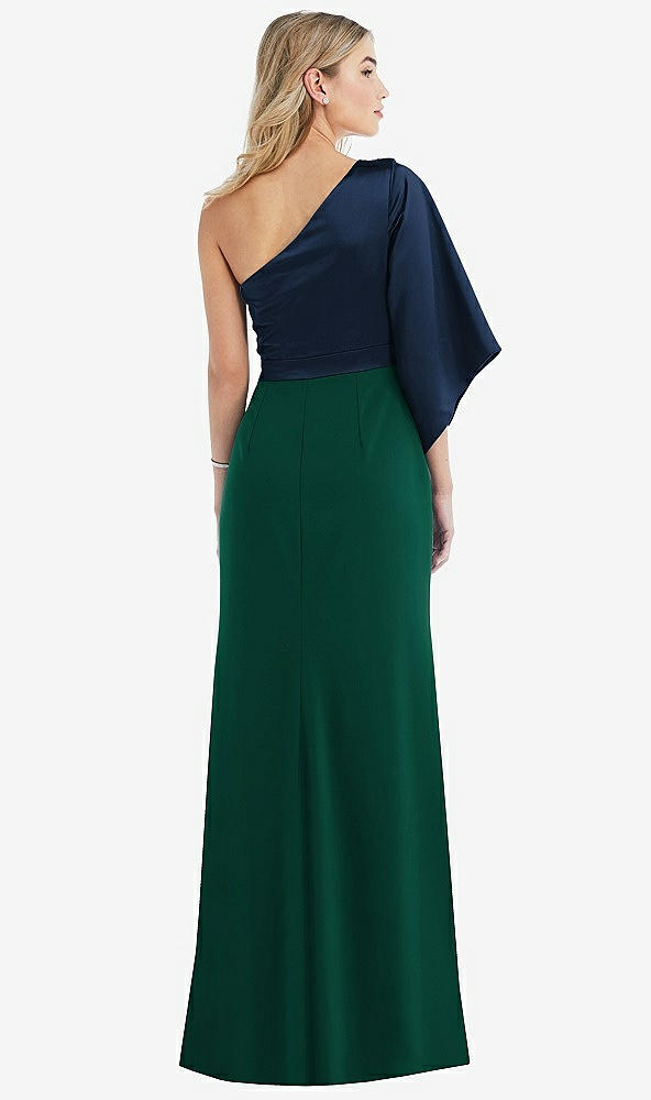 Back View - Hunter Green & Midnight Navy One-Shoulder Bell Sleeve Trumpet Gown