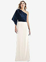 Front View Thumbnail - Ivory & Midnight Navy One-Shoulder Bell Sleeve Trumpet Gown