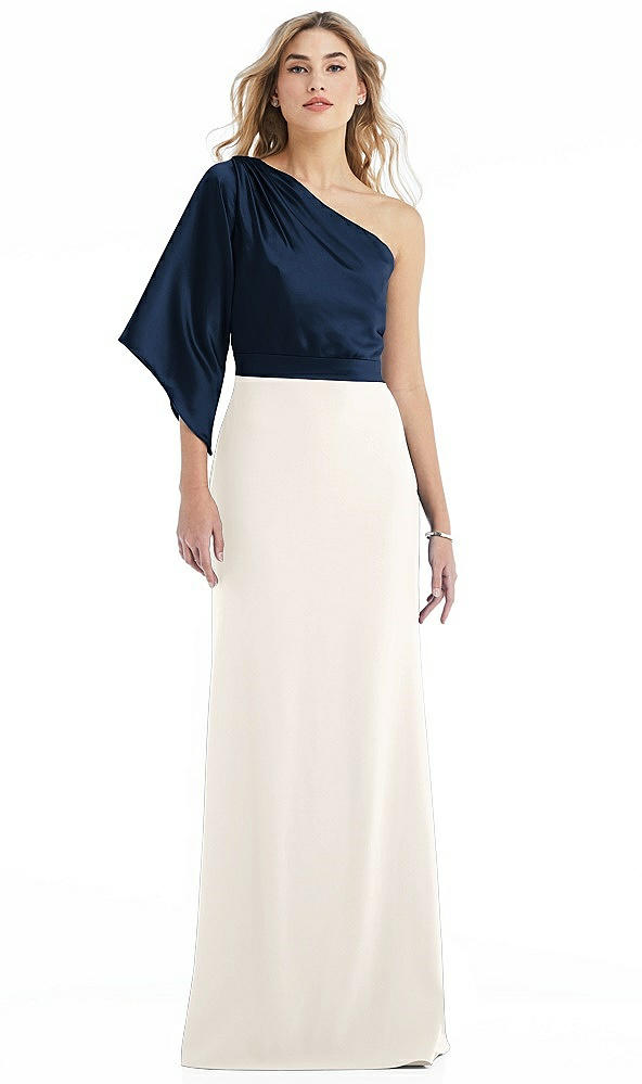 Front View - Ivory & Midnight Navy One-Shoulder Bell Sleeve Trumpet Gown