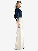 Side View Thumbnail - Ivory & Midnight Navy One-Shoulder Bell Sleeve Trumpet Gown
