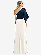 Rear View Thumbnail - Ivory & Midnight Navy One-Shoulder Bell Sleeve Trumpet Gown