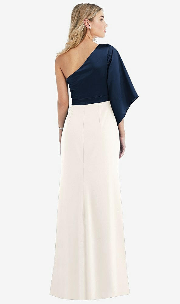 Back View - Ivory & Midnight Navy One-Shoulder Bell Sleeve Trumpet Gown