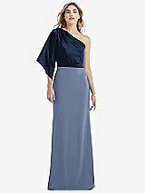 Front View Thumbnail - Larkspur Blue & Midnight Navy One-Shoulder Bell Sleeve Trumpet Gown