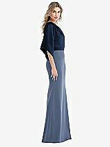 Side View Thumbnail - Larkspur Blue & Midnight Navy One-Shoulder Bell Sleeve Trumpet Gown