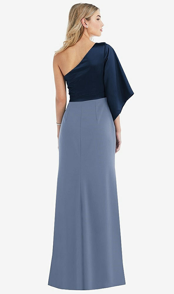 Back View - Larkspur Blue & Midnight Navy One-Shoulder Bell Sleeve Trumpet Gown
