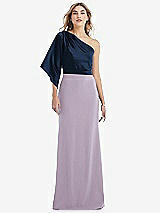 Front View Thumbnail - Lilac Haze & Midnight Navy One-Shoulder Bell Sleeve Trumpet Gown