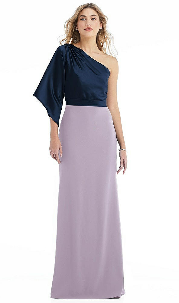 Front View - Lilac Haze & Midnight Navy One-Shoulder Bell Sleeve Trumpet Gown