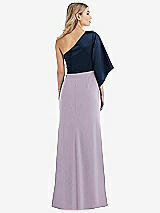 Rear View Thumbnail - Lilac Haze & Midnight Navy One-Shoulder Bell Sleeve Trumpet Gown