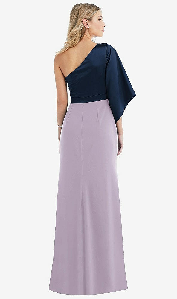 Back View - Lilac Haze & Midnight Navy One-Shoulder Bell Sleeve Trumpet Gown