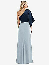 Rear View Thumbnail - Mist & Midnight Navy One-Shoulder Bell Sleeve Trumpet Gown
