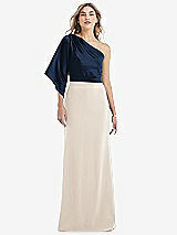 Front View Thumbnail - Oat & Midnight Navy One-Shoulder Bell Sleeve Trumpet Gown