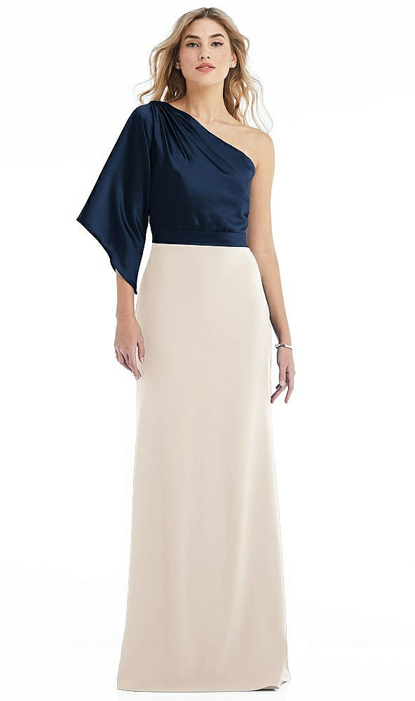 Front View - Oat & Midnight Navy One-Shoulder Bell Sleeve Trumpet Gown