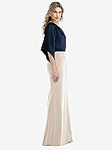 Side View Thumbnail - Oat & Midnight Navy One-Shoulder Bell Sleeve Trumpet Gown