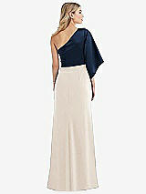 Rear View Thumbnail - Oat & Midnight Navy One-Shoulder Bell Sleeve Trumpet Gown