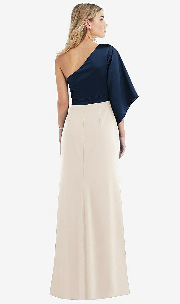Back View - Oat & Midnight Navy One-Shoulder Bell Sleeve Trumpet Gown