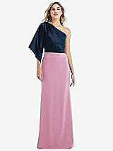 Front View Thumbnail - Powder Pink & Midnight Navy One-Shoulder Bell Sleeve Trumpet Gown