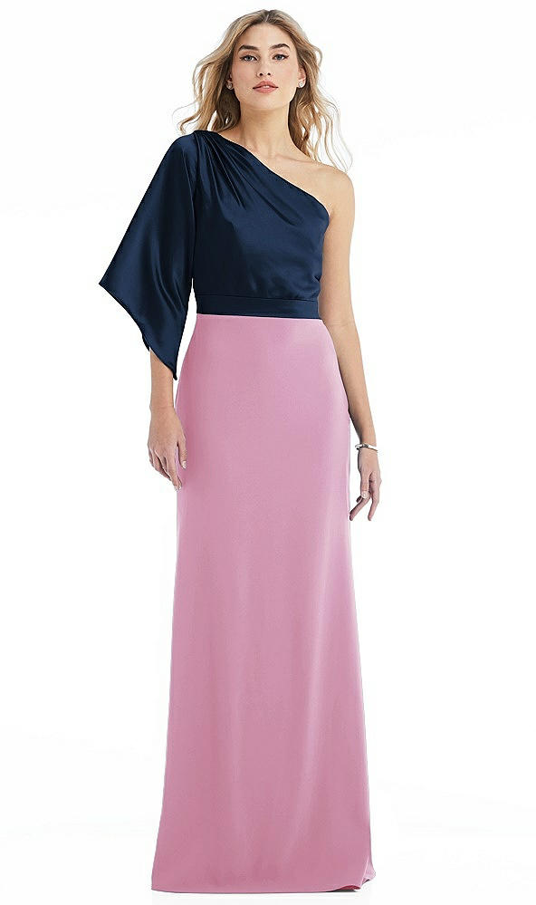 Front View - Powder Pink & Midnight Navy One-Shoulder Bell Sleeve Trumpet Gown