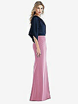 Side View Thumbnail - Powder Pink & Midnight Navy One-Shoulder Bell Sleeve Trumpet Gown