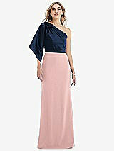 Front View Thumbnail - Rose - PANTONE Rose Quartz & Midnight Navy One-Shoulder Bell Sleeve Trumpet Gown